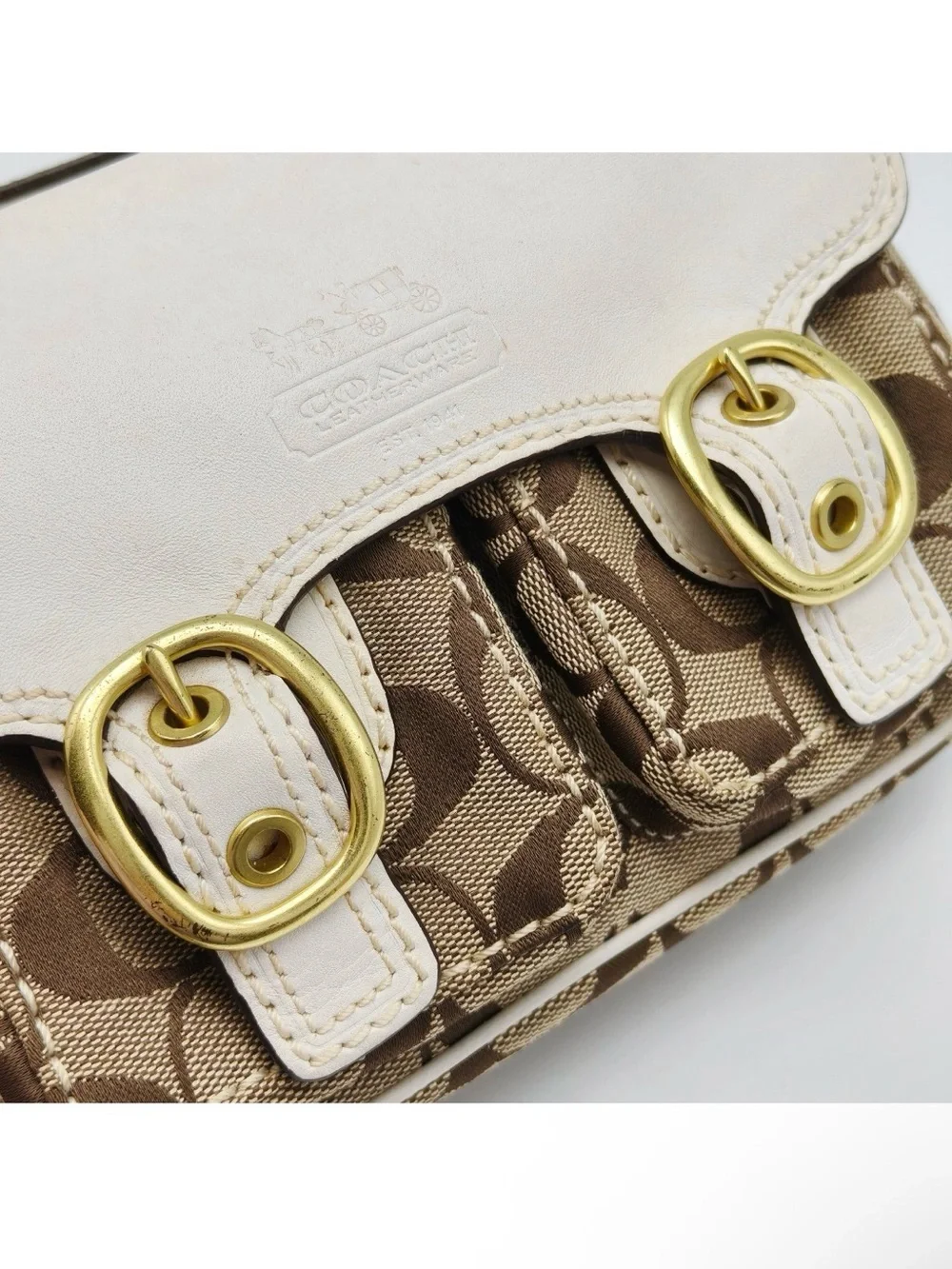 Coach Signature Mini Crossbody Bag Brown Canvas White Leather Flap Buckle Y2K